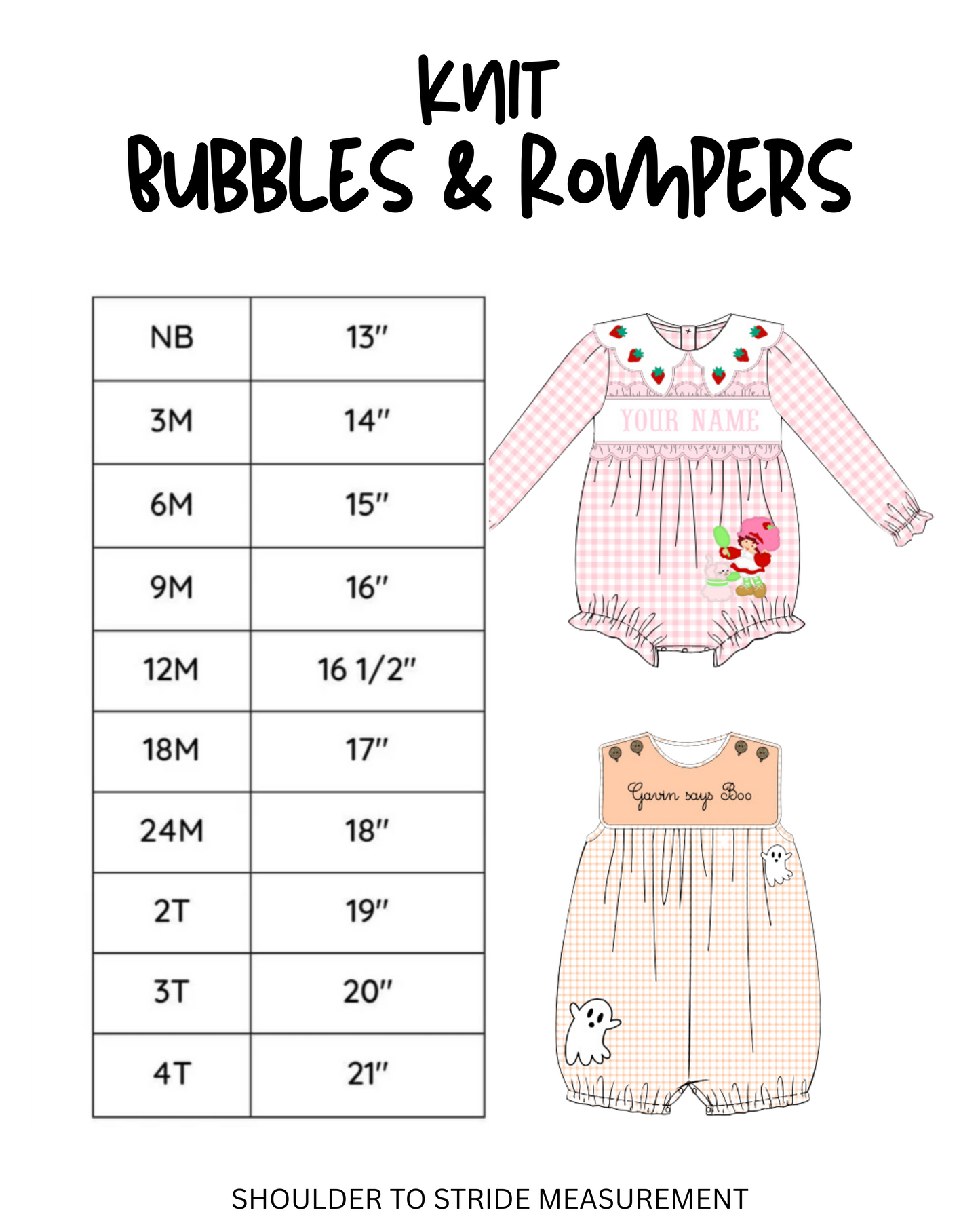 Knit Bubbles & Rompers: SIZE CHART
