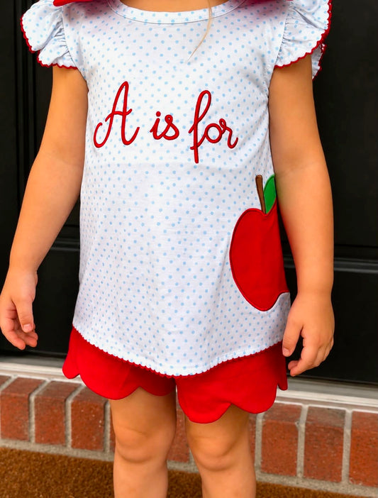 RTS: “A IS FOR APPLE” - GIRLS SHORTS SET