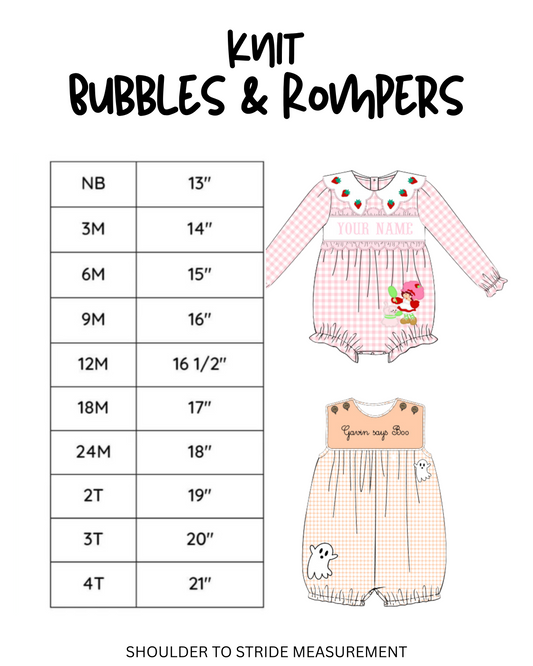 Knit Bubbles & Rompers: SIZE CHART