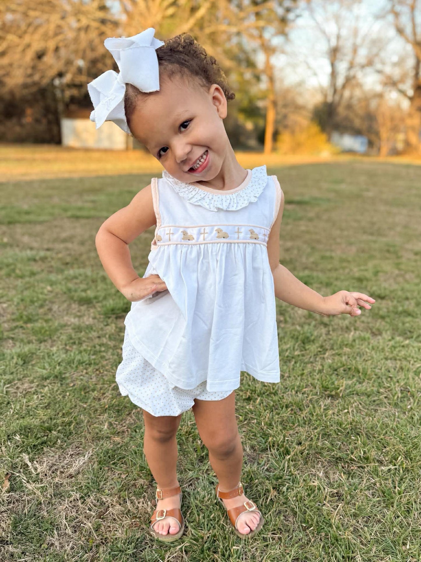 RTS: "WORTHY IS THE LAMB RIBBON" - GIRLS BLOOMER SET